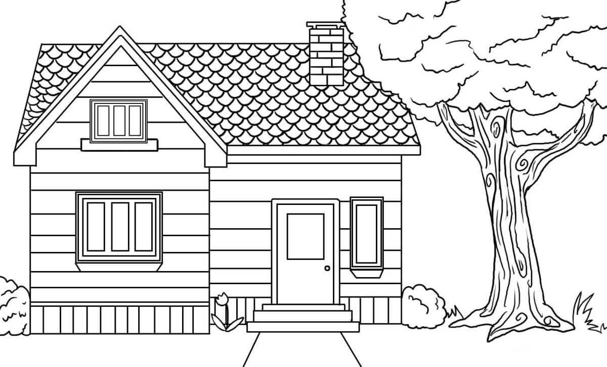 Coloring Page House with Tree