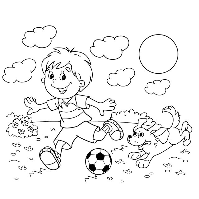 เด็กวิ่งเล่นฟุตบอลกับสุนัข
